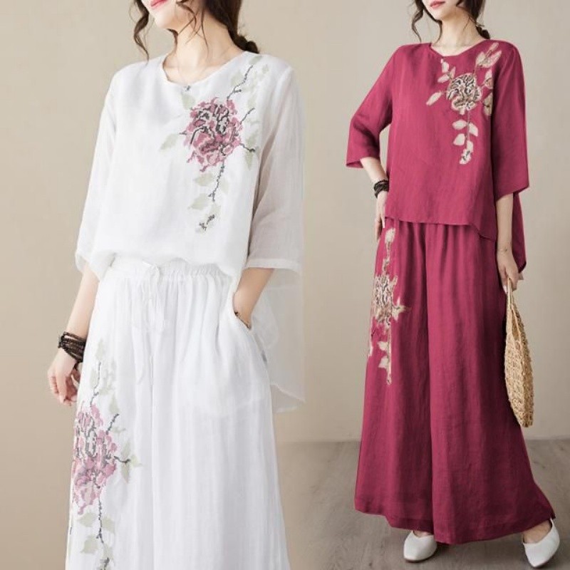 Linen Pant Wide - Setelan Dua Potong Linen Katun Wanita,