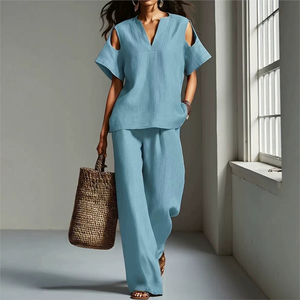 Setelan Wanita Warna Solid Sed - Linen Pant Wide ulasan dan harga