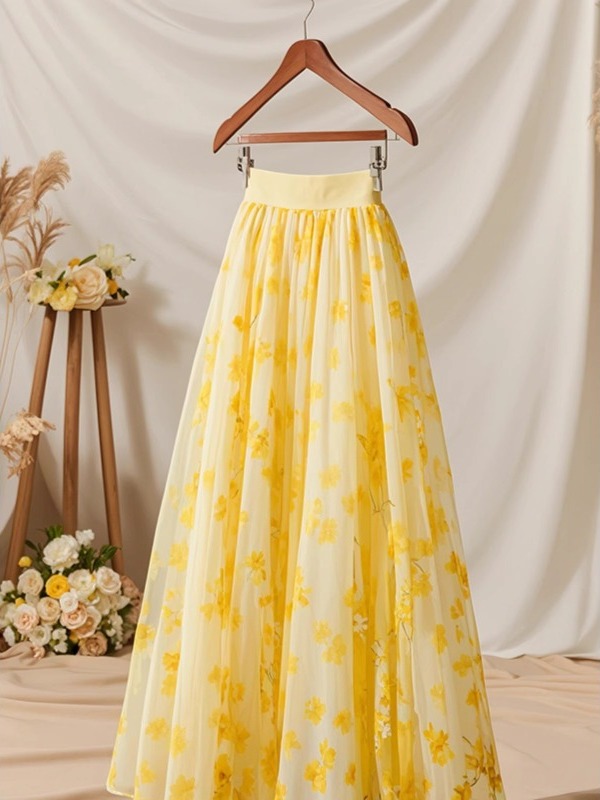 Rok A-Line Kuning Pinggang Tin - Midi Skirt Floral ulasan dan harga