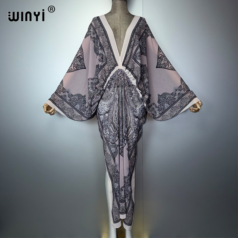 Gaun WINYI V-neck Seksi Motif  - Cover Up Kaftan ulasan dan harga