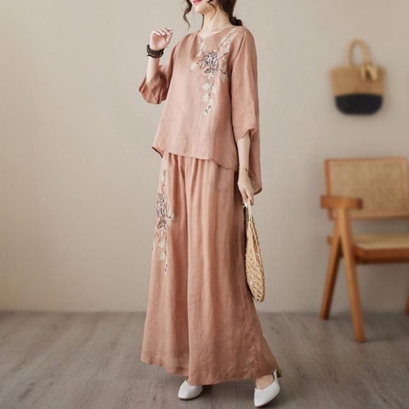 Setelan Dua Potong Linen Katun - Linen Pant Wide ulasan dan harga